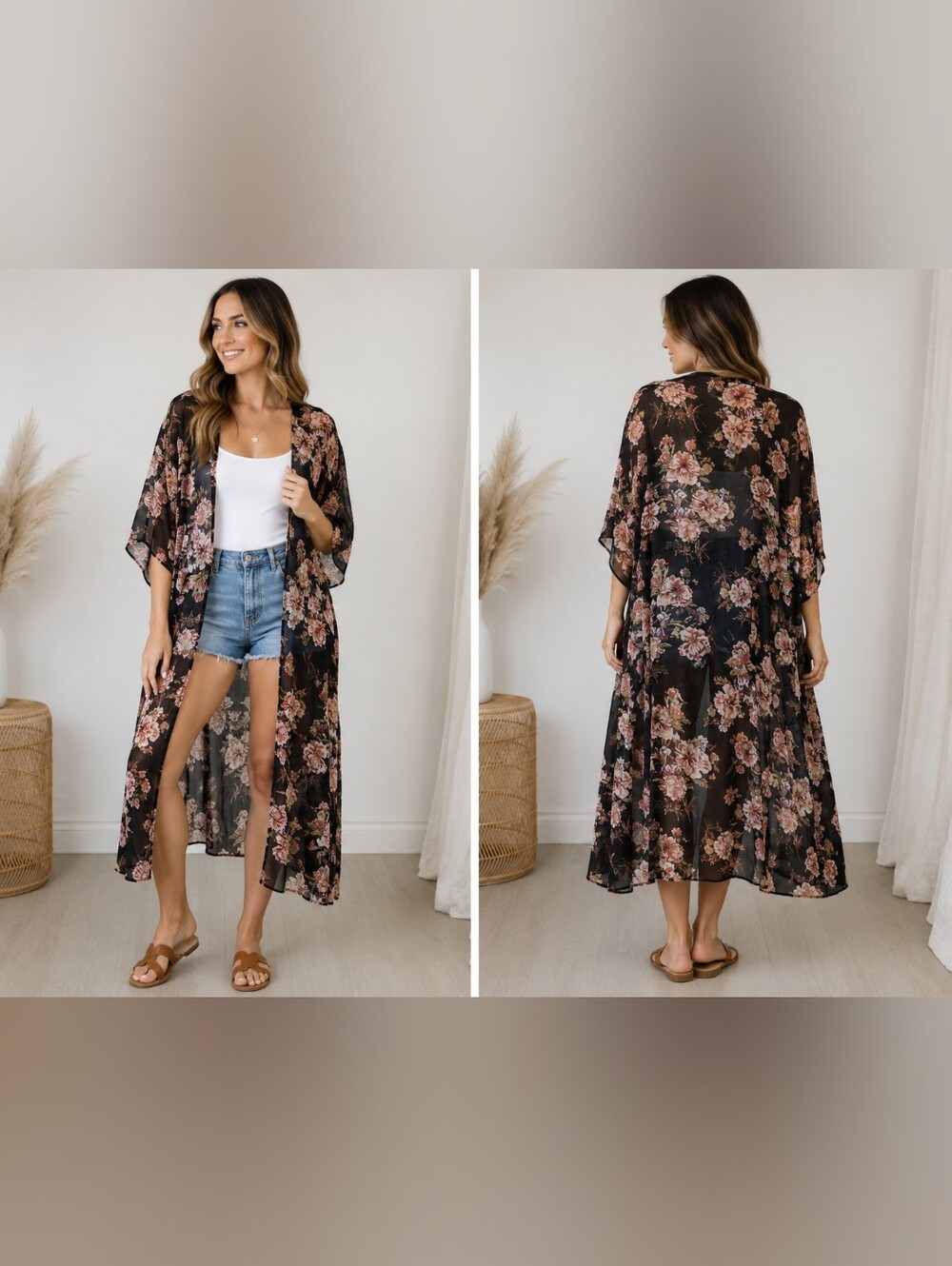 Boho Floral Sheer Kimono Duster Cardigan Black Pink O/S Beach Cover Up Maxi